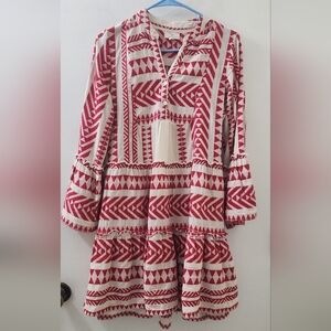Guadalupe Red & Cream Patterned Tiered Dress, Size Small.